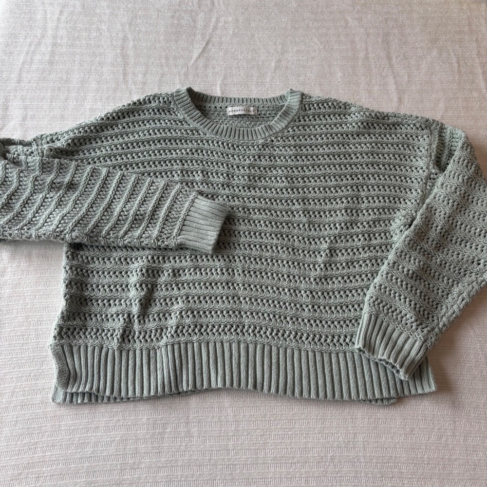 Aeropostale Womens Sage Green Open Knit Crochet Sweater XL CFHYCH11